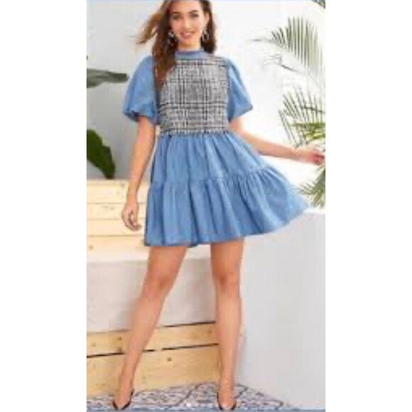ZARA Chambray Mini Dress Tweed A-Line Smocked Neck Puff Sleeve School Girl-S - Picture 1 of 11
